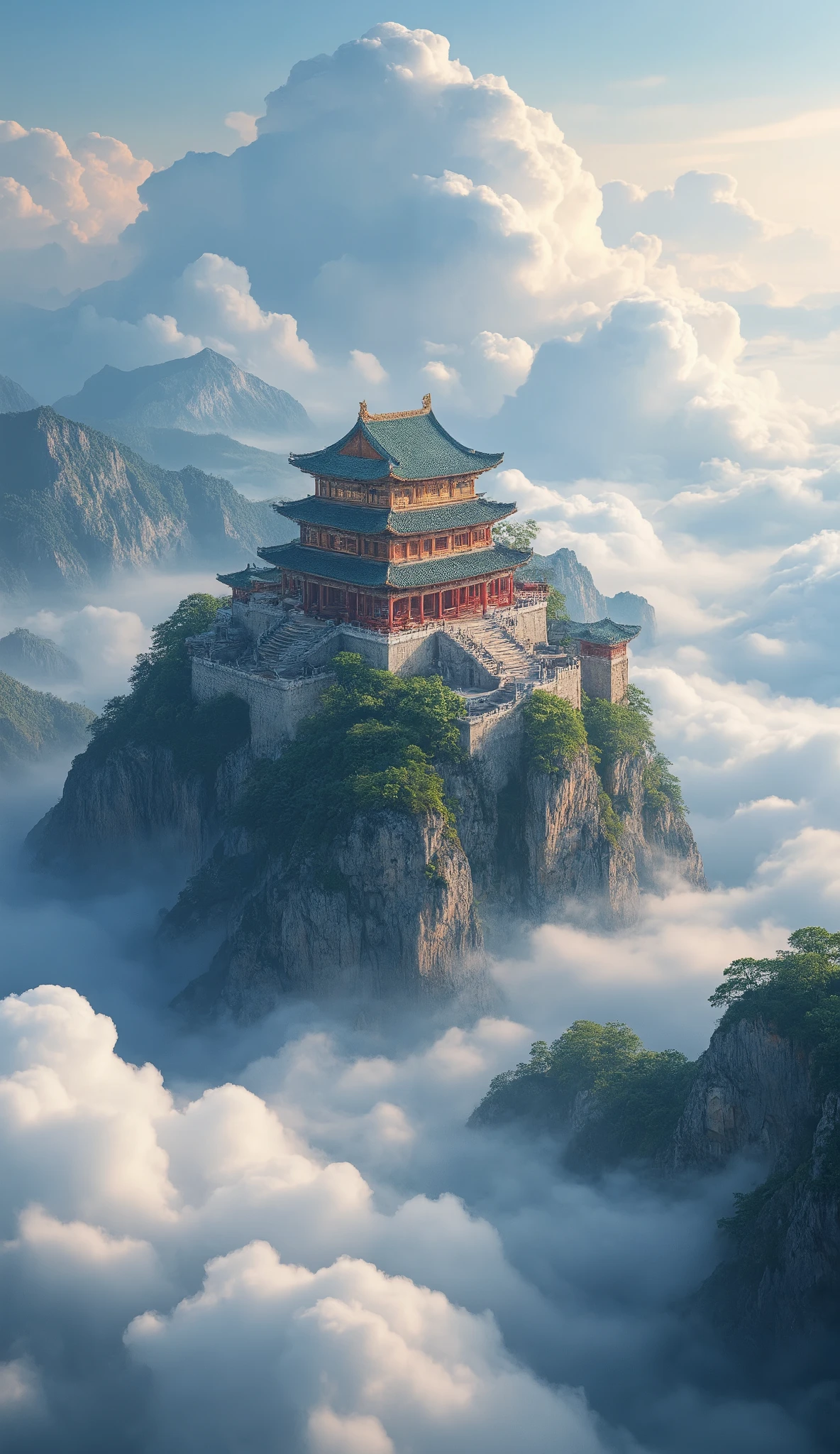 High Resolution Images、Panoramic Paintings  、Spectacularな画像 、 Ancient Chinese Architecture Temples 、 Exquisite Interior Decorations 、A huge temple nestled in a sea of clouds、 depth of field effects  、 Imaginative 、 fantasy around the eyes 、 high end color matching 、 Spectacular Scenery of Ancient Chinese Architecture 、 Spectacular 、 four corners 、 16k、Big Komainu  。