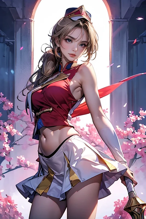 "solo, Attractive Woman, captivating ,  from the front, look at camea, (cowboy shot), Attractive Faces, (are very good and detailed face, beautiful eyes, detailed eyes, long beautiful eyelashes, beautiful light pink lipstick, silky skin, detailed skin from sleeve to chest,  twinkle in both armpits, natural makeup on the temple floor, A Faint Smile), beautiful hair,  twinkle in both armpits, beautiful hair,   Seductive Body  , sexy, break ((Drum Major, miniskirt)), ((White and red outfit)), (gold orblem), ((Shako hat)), ((Has a long major baton)), (( high boots )), ((Attractive Thighs)), Break ((A cool decision pose;1.5)), (blurry background), ((from the front :1.5)), (beautiful女性の両手 , detailed illustrations of her hands ), hands are clearly contoured, Thighs, intricate and accurate dress, are very good and detailed description, Perfect Lighting Positions for the Best Shadows, depth of field, lively , Optimized , top quality, (Perfect Anatomy, physically accurate rendering), unbelievably stupid, realistic, are very good and detailed, exquisite and accurate artwork, 4K, 8k, lively colors distribution, Graceful Paintings  ,  long hair ponytail , Between the eyes, break (beautiful breasts, Big Breasts, chest), (Smart Abs:1.2), (垂直なbelly button:1.2), belly button , beautiful feet, Thin Thighs, Eight-headed body, Perfect ratio, (Perfect Anatomy), perfect fingers, perfect configuration, Wide range, break beautiful detailed shading, beautiful, natural light, beautiful detail glow, Explanation of the Depth of the Border, ((beautiful Skin)), ((skin texture)), ((Real skin feel)), top quality, very sexy woman, perfect eyes, ((In the Wind :1.2)), ((concentrated)), Break (( bright red lipstick 、beautifulボディライン)), sunfes" 