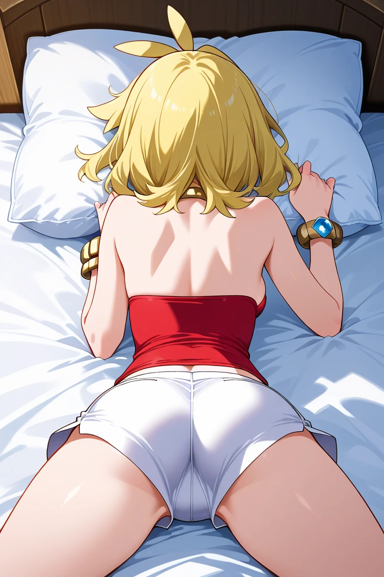 girl in swim suit sit on human face