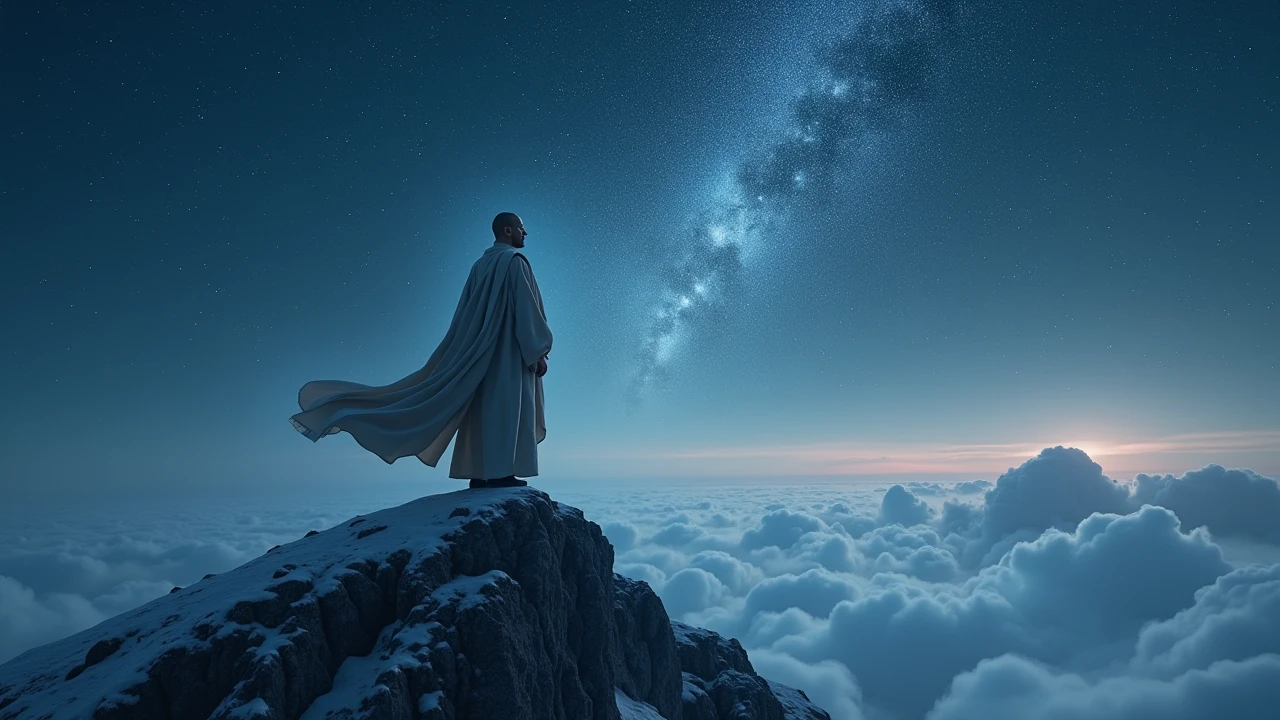 The monk standing under a star-filled sky on a high mountain peak, gazing into the infinite cosmos, symbolizing the search for truth beyond the self, the wind gently blowing his robe, stars twinkling above, cinematic and mystical lighting, dreamlike tone