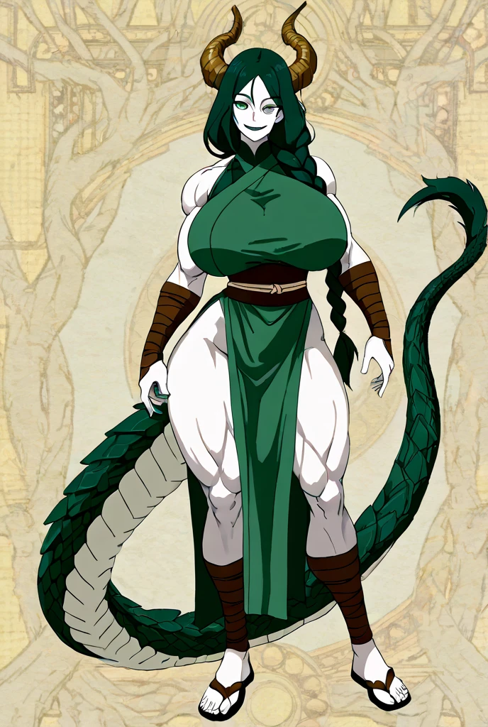 Cleopatra girl, pink ponytail hair, huge breasts, extreme muscular body, extreme muscular arms, extreme muscular tights, green scale skin, dragon horns, dragon wings, paws, 3 dragon tails.