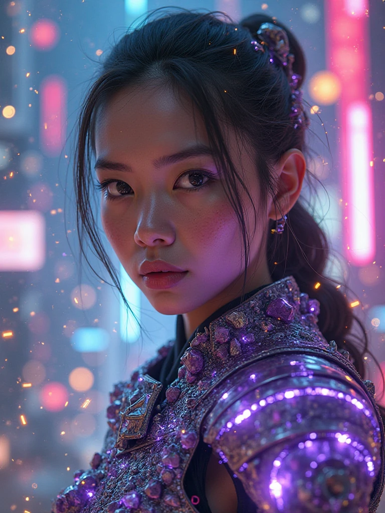 Insanely detailed  (Close-up) Perfect in close up of a beautiful young warrior , armor made of amethyst fragments and glowing circuits, in a dystopian city illuminated by neon, crystals floating around, sparks in the air, expression of fury and freedom,.High resolution, Anatomically correct, Awarded multiple, Obra-prima, Modelo HD, Ultra HD, 