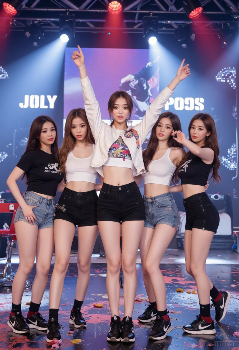 (((3 women))), (((nipples))) , (((pussy))) , 18 years old, idols, on stage at a concert, red collars, bare buttocks, blue, green, pink leather jackets.