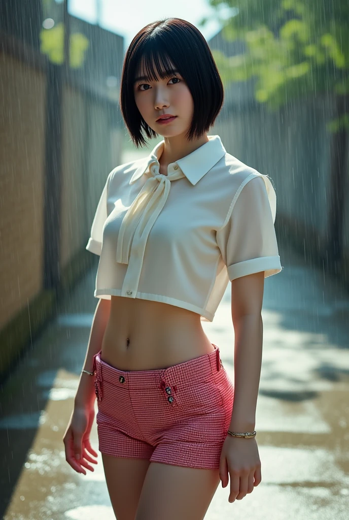 {
"prompt": "A beautiful Japanese girl standing in the rain. She has short bob hair in silver-gray, wet and clinging to her face and neck. Her large, transparent blue eyes reflect the raindrops, making them sparkle like stars. Her expression is soft, with a gentle smile. She has flawless skin with a hint of pink on her cheeks. She wears a white T-shirt, wet and sticking to her body, revealing her shoulders and collarbone. She also wears denim shorts. The background is blurr