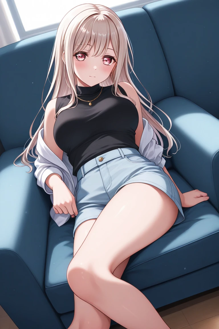 (masterpiece、Highest quality)、High resolution、Detailed face:1.2、anime(1.2)、Sharpness、4K、Private room、Sitting in an easy chair、17 years old、Two-dimensional beautiful girl、T-Shirts、Shorts、White skin、cute、Big Breasts、tits、barefoot、sole、Thick thighs、