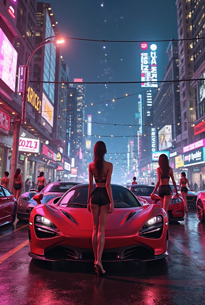 Cyberpunk Mercedes yellow street free lights and purple neons with blue light with sexy girls