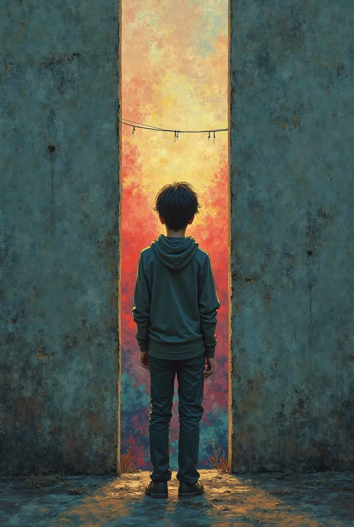 A picture of a person standing in front of a wall and appearing sad and dissatisfied and there 
 Behind the wall there are many beautiful things in bright and happy colors 