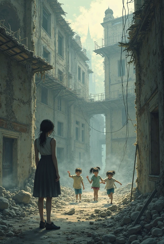 A  on a semi-demolished building looks down where the s are playing