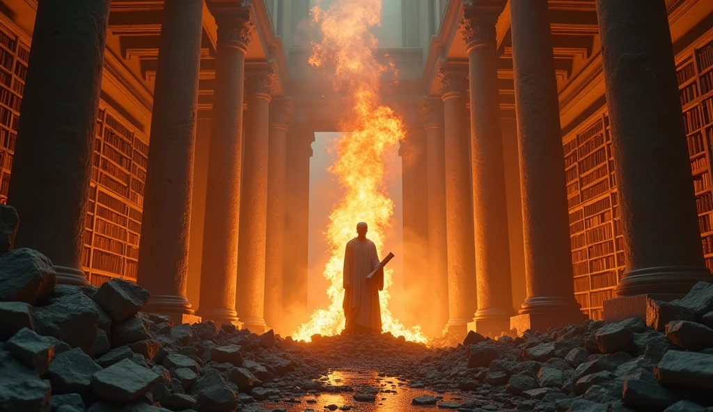 A surreal glowing library in ruins, with a single stoic marble figure standing amid collapsed shelves, holding a burning scroll, symbolic of inner wisdom triumphing over external destruction, cinematic shadows and ethereal lighting dominate, the image must not contain any text --ar 16:9 --s 750