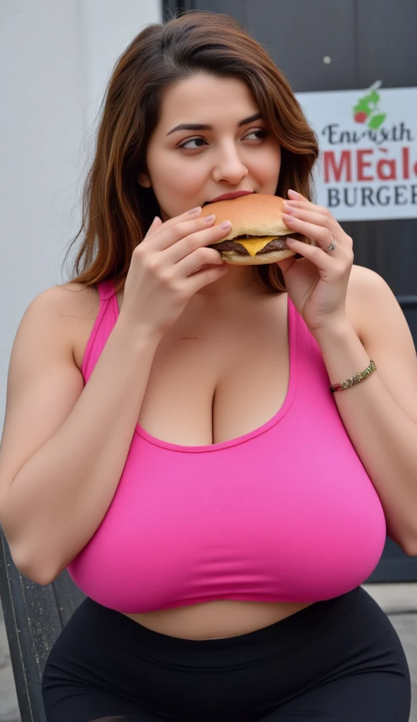 Create a fat woman eating a burger in the store naked