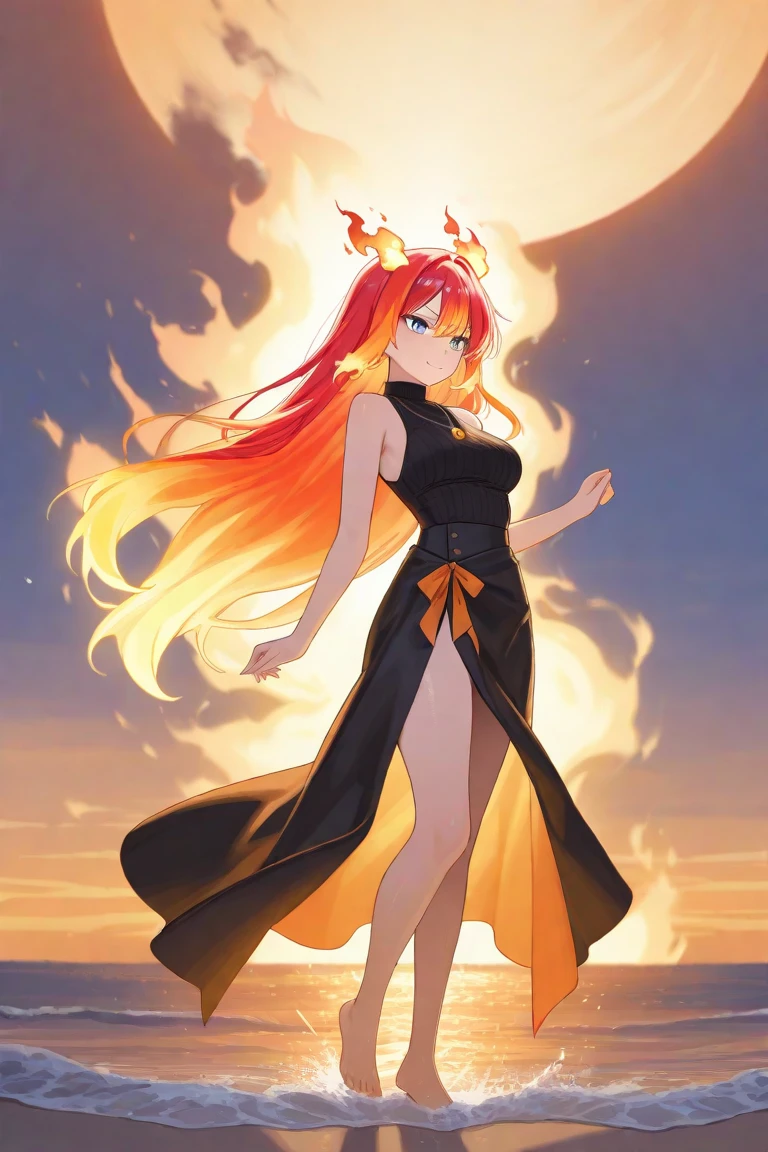 Colossal tits Smile with open mouth tall Small eyes No bangs(Bring out your forehead) 28 year old adult woman with red straight hair She wears a skimpy black and red witch outfit. red eyes Pale smile Gold decoration Night sky background fullmoon The whole body is depicted Shonen manga style combat scene Dynamism black robes