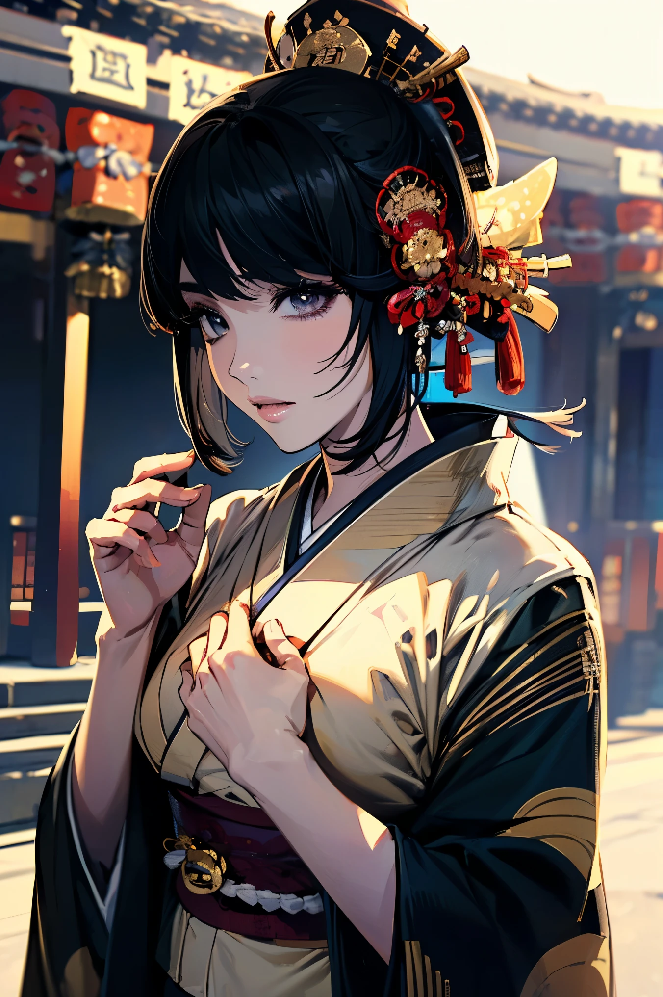 (masterpiece:1.5),beautiful hair,Beautiful Eyes,beautiful lips,Beautiful slender body,Big Breasts,cleavage,(Konno Anna:1.2),(Riho Yoshioka:1.1),(in the Imperial Court:1.3),(Riverside:1.4),bust illustration from the front ,((((the most beautiful woman in the world:1.7)))),(((( kimono,jacket,Taisho Romance:1.5)))),((19-year-old single woman holding a fish in her hand:1.1)),(accurately depicted anatomically correct hands:1.1)black hair,long lashes,Three-dimensional, jewel-like eyes,Very delicate and beautiful CG,2. 5D illustration, Anatomically Accurate Body, (very precise illustration:1.1),(Outdoors:1.4), (wallpaper:1.4),8k