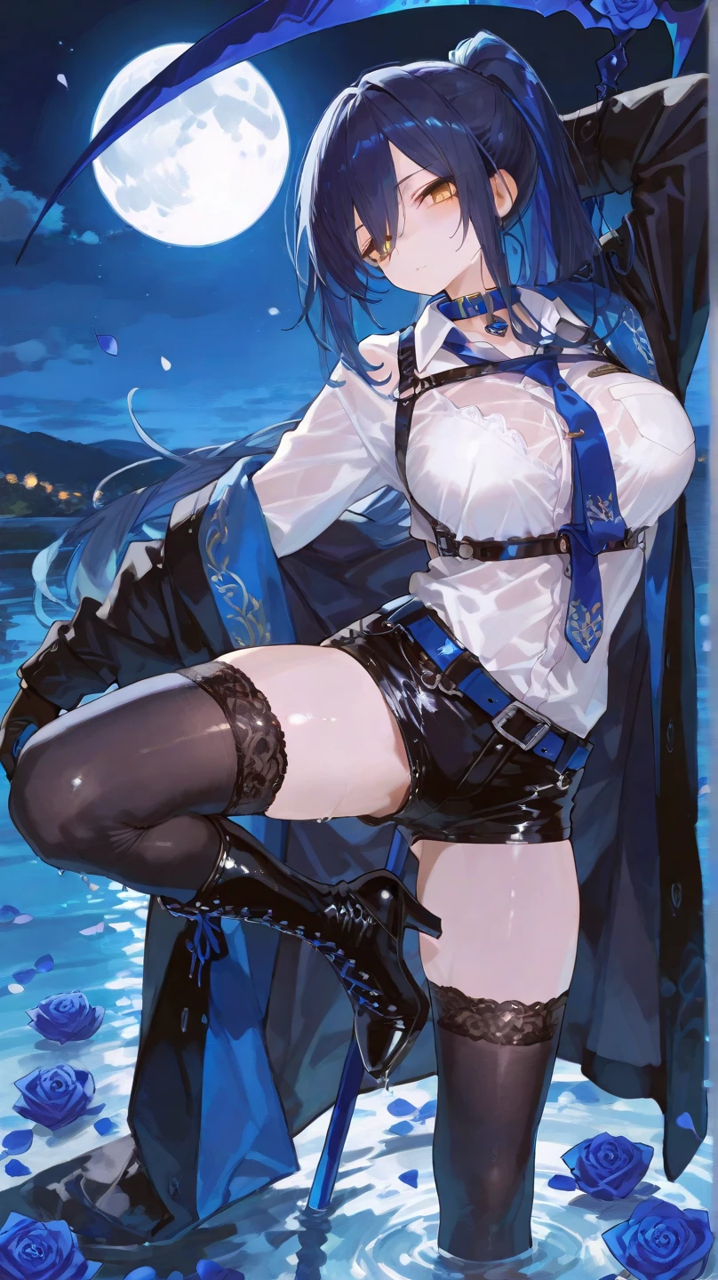 <lora:ArknightsChen5concept_10:0.6>
((1girl, dark blue hair, long hair, horns, red eyes, ((large breasts)), thighs, smile, teeth, love and affection, shiny skin, shiny body, naughty face, )),
((( dark blue leotard, black jacket, white shorts, red belt, bare shoulders, ))),
(wallpaper, single background ),
(cowboy shot, dynamic pose, dynamic angle),
(masterpiece, best quality, cinematographic lights, ultra detailed, detailed face, very detailed eyes, detailed skin, bokeh,),