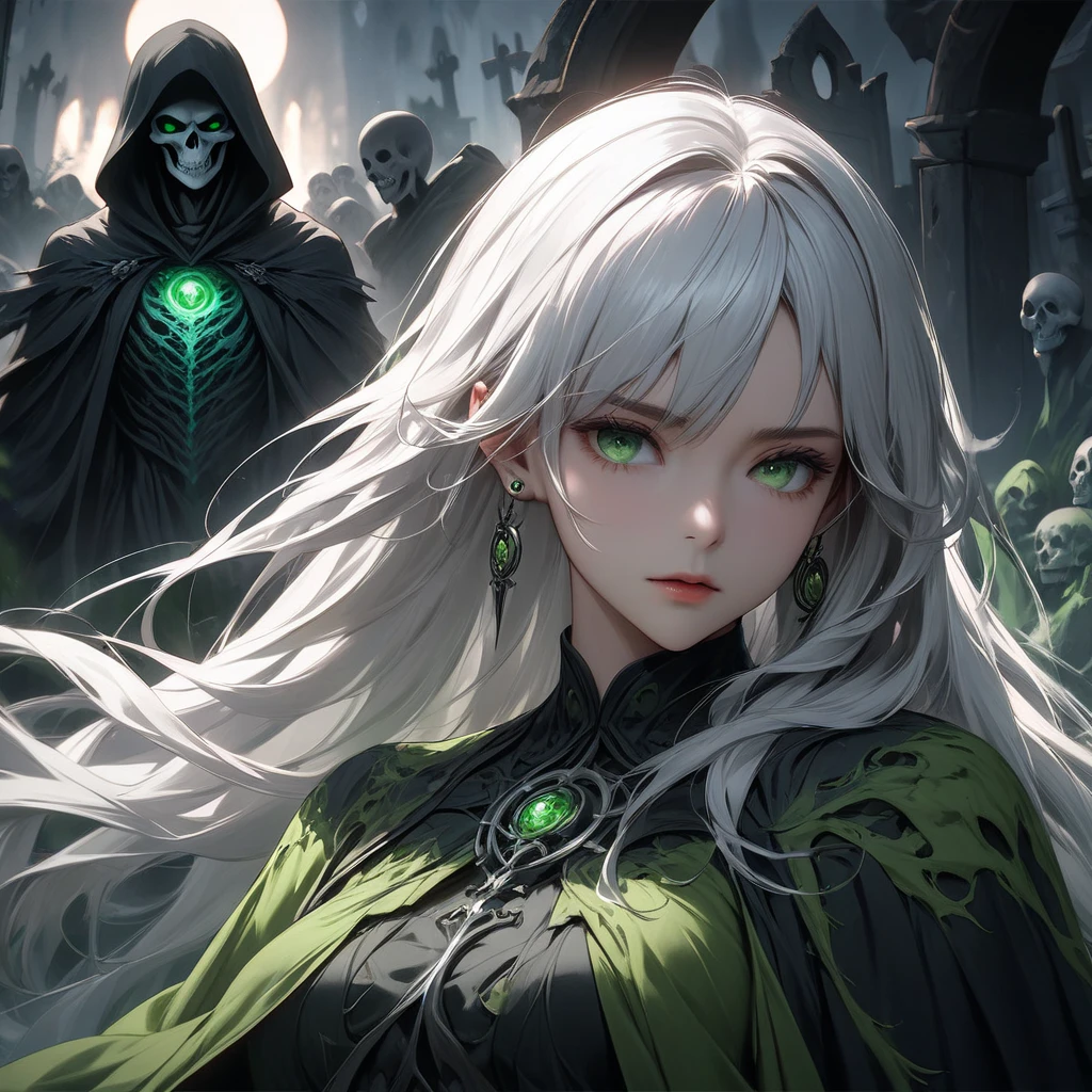 ((extreme quality)), ((Masterpiece)), ((Enrich the picture，Masterpiece level quality)), white hair, long hair, ??????????????, green eyes, fierce woman, ultra eyes details, RAW 4K, Realistically , ((great effect to highlight the subject)) , ( cinematic lighting, moody, textile shading), perfect proportions, ultra detailed, volumetric lighting, soft lighting, glossy skin, beautiful face, Special face details, strong emotions, elegant gesture, Detailed facial features, Long eyelashes, contrast, Incredible atmosphere, Fascinating setting, Haunting beauty , ear rings, reaper, หน้านิ่ง, reaper cloth, graveyard, spirit world, green spirit, a lot spirit ball around, spirit gate,