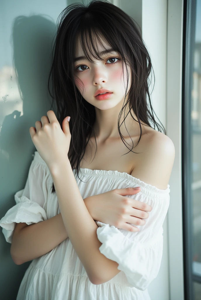(very huge round breasts:1.6), (full body:1.3), (white bronze hair:1.3), extremely delicate and beautiful, masterpiece, Best Quality, ultra high resolution, 16k, Photorealistic, ultra-detailed, Very detailed CG 8k wallpaper, Beautiful Lighting, Perfect Lightning, Realistic Shadows, anatomically correct, Detailed shiny skin, perfect figure, Latino, late 20s, Slim body, Slim abdomen, small head, handsome detailed woman, very detailed eyes and face, realistic face proportions, Stunning detailed eyes, Realistic small beautiful face, Realistic small beautiful eyes, double eyelids, makeup, tearful mole, mole on chest, earring, short wavy hair, cleavage, bare legs, Soft midriff, Fine Collarbone, beautiful and very thin legs, beautiful and very thin thighs, bare shoulders, bare legs, t-shirt in small shorts, wet,