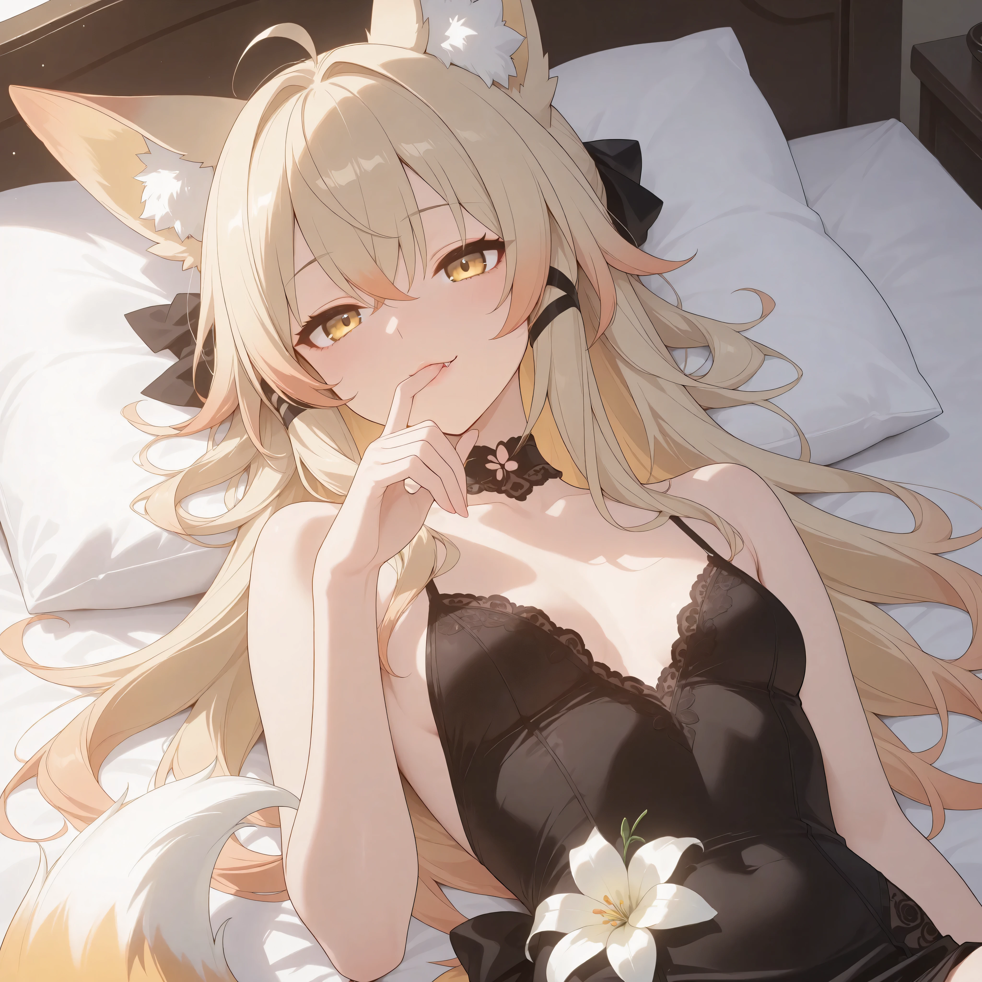 Fox girl, pale-blonde, Renard, Fox tail, collar, Beautiful, Long Hair, (Rosy gradient on hair), Golden Eyes with purple shade, small breasts, garter, black lace dress, cheeky, hair ribbon, white lily on hair, alluring, teasing, sexy, cunning, sly, lying back on bed, sexy expression, fox fang, narrowed eyes, kissing own finger, five fingers only