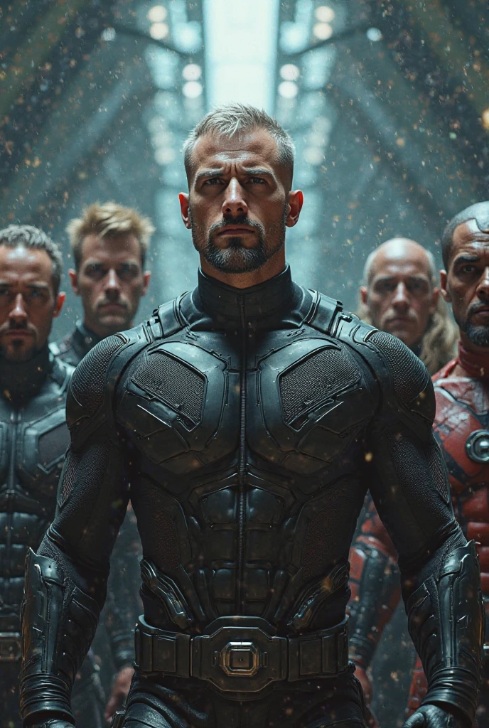masterpiece, 3 man, group of guys, muscular, casual man wearing sexy superhero costumes, welder mask, steelworker, molten metal, steel mill, fire, sparks
