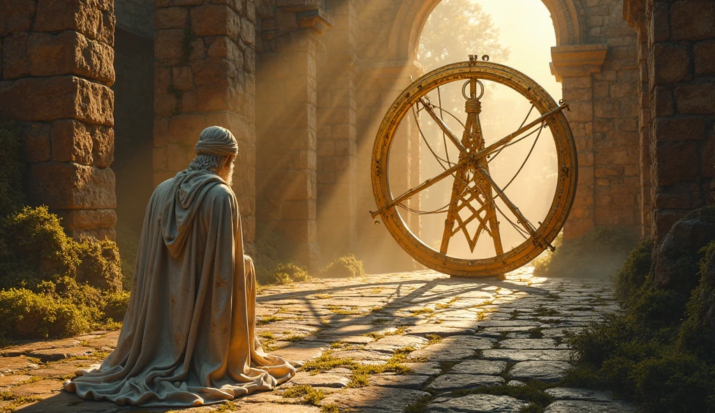 A massive golden sundial in ruins casts a long shadow over a stoic marble man kneeling in front of it, preparing for the day, wrapped in sacred cloth, symbolizing the ritual of daily discipline, cinematic lighting and mossy textures surround him, the image must not contain any text --ar 16:9 --s 750