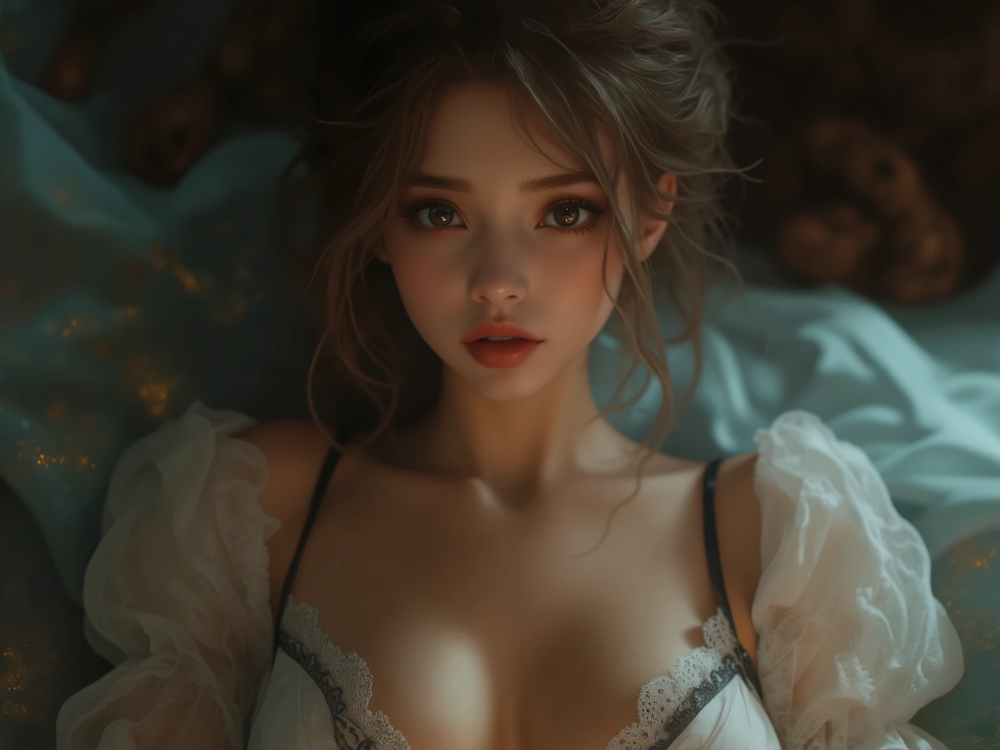 1girl, beautiful detailed eyes, beautiful detailed lips, extremely detailed face, long eyelashes, big breasts, cute girl, elegant dress, warm lighting, dreamy, fantasy, pastel colors, (best quality,4k,8k,highres,masterpiece:1.2),ultra-detailed,(realistic,photorealistic,photo-realistic:1.37),HDR,UHD,studio lighting,vivid colors,bokeh