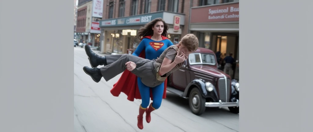 Super Melissa McCarthy(big fat woman; powerful; trusting; higher) 2007 (((Woman defined body strong and firm large breasts; Supergirl 1984s costume dress))) as Supergirl(((Filme da Supergirl de 2007 de Melissa McCarthy))); floating in mid - air.