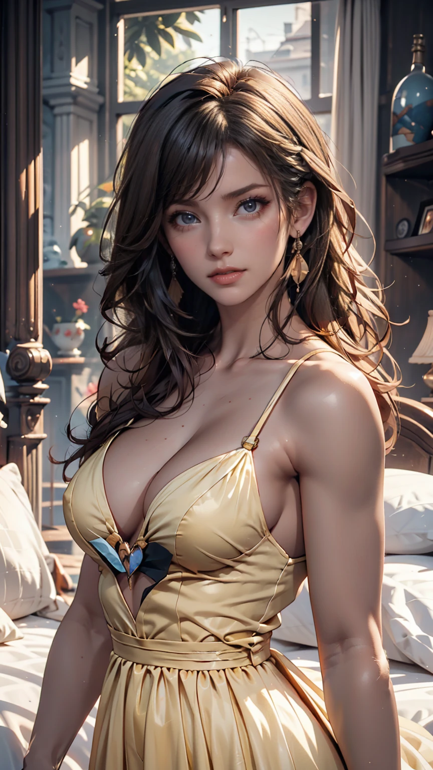 Badashanren squeezes Venezuelan female supermodel, long hair, Pastel yellow gown,  tight,  portrait with a small upper body in a pale yellow dress , big natural breasts, hyperrealism, High definition female bedroom background ,sunlight , 、full body photo