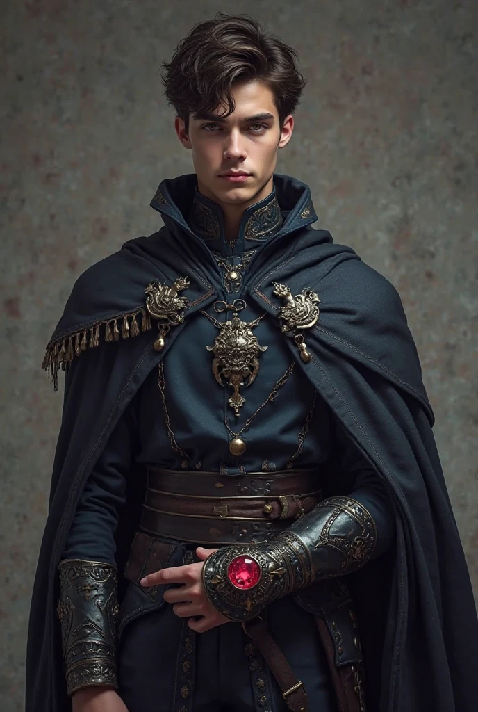 Young male fantasy noble warrior, around 22 years old, tall and well-built with a regal, confident posture. Light skin, sharp amber eyes filled with determination, and short, slightly tousled dark brown hair. He wears elegant but practical noble clothing in dark, rich tones — a deep black and dark blue outfit with subtle silver accents, designed for both nobility and mobility. His clothes are finely tailored, with a cloak draped over his shoulders, marked with a faint family crest. Only nn his right hand, he wears a distinct enchanted full hand gauntlet , forged from black steel and adorned with a large ruby gem at its center, glowing with faint ancient runes, exuding an aura of power. No armor, just the noble attire with intricate details and a noble yet humble air about him. He carries no weapon at the moment, but his stance shows readiness and inner strength. Fantasy art style, high detail, cinematic lighting that emphasizes his noble presence and the mystery of his future path
