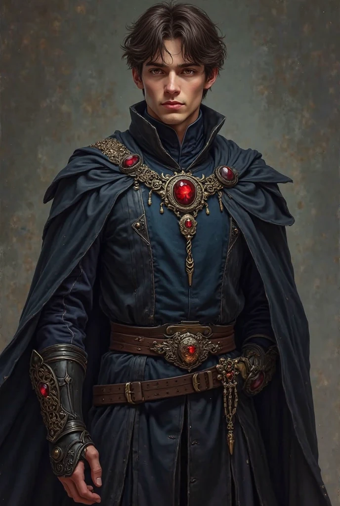 Young male fantasy noble warrior, around 22 years old, tall and well-built with a regal, confident posture. Light skin, sharp amber eyes filled with determination, and short, slightly tousled dark brown hair. He wears elegant but practical noble clothing in dark, rich tones — a deep black and dark blue outfit with subtle silver accents, designed for both nobility and mobility. His clothes are finely tailored, with a cloak draped over his shoulders, marked with a faint family crest. Only nn his right hand, he wears a distinct enchanted full hand gauntlet , forged from black steel and adorned with a large ruby gem at its center, glowing with faint ancient runes, exuding an aura of power. No armor, just the noble attire with intricate details and a noble yet humble air about him. He carries no weapon at the moment, but his stance shows readiness and inner strength. Fantasy art style, high detail, cinematic lighting that emphasizes his noble presence and the mystery of his future path