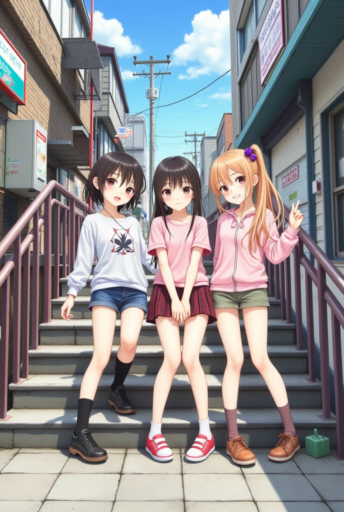 highest quality, ultra high resolution, (realistic: )2D official style cel animation,((Three cute girls are sitting next to each other。))mini skirt,summer shirt,(lace panties),loose socks,sneakers,full body portrait,(from below),station stairs,Sunny,troubled face,spread legs