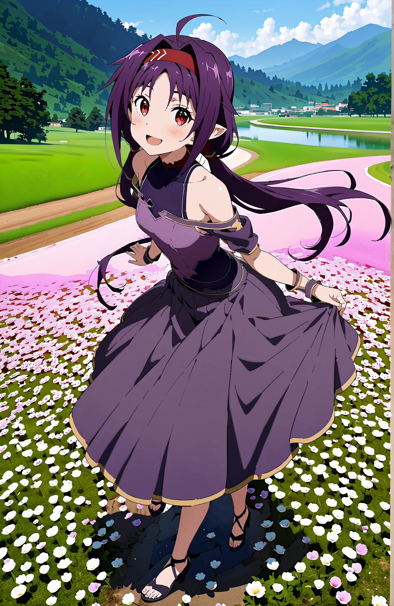 yuukikonno, yuuki konno, Headband, long hair, pointed ears, purple hair, red eyes,stupid hair,Low Twin Tails,smile,blush,open your mouth,Purple off-shoulder dress ,Purple Long Skirt ,Heeled Sandals,standing,Flower Field,Mountain,river,full bodyがイラストに入るように,break outdoors,nature,
break looking at viewer,full body,
break (masterpiece:1.2),top quality ,Kampala,unity 8k 壁紙,(shape:0.8),( fine, beautiful eyes :1.6),It's a person ,full body写真,CG Details , (perfect hand,Complete Anatomy),