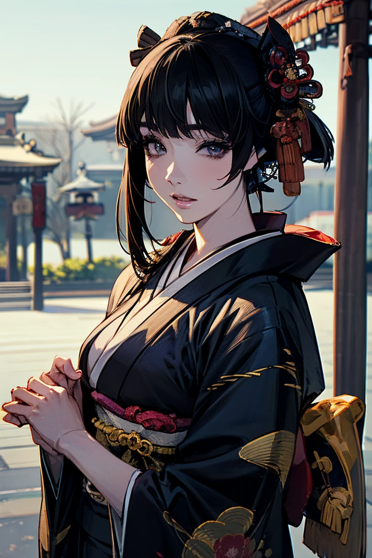 (masterpiece:1.5),beautiful hair,Beautiful Eyes,beautiful lips,Beautiful slender body,Big Breasts,cleavage,(Konno Anna:1.2),(Riho Yoshioka:1.1),(in the Imperial Court:1.3),(Riverside:1.4),bust illustration from the front ,((((the most beautiful woman in the world:1.7)))),(((( kimono,jacket,Taisho Romance:1.5)))),((19-year-old single woman holding a fish in her hand:1.1)),(accurately depicted anatomically correct hands:1.1)black hair,long lashes,Three-dimensional, jewel-like eyes,Very delicate and beautiful CG,2. 5D illustration, Anatomically Accurate Body, (very precise illustration:1.1),(Outdoors:1.4), (wallpaper:1.4),8k