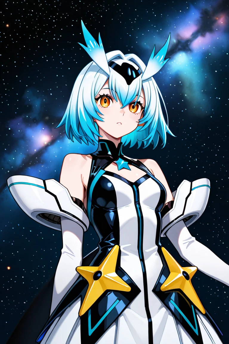 1girl, long cyan hair, detailed blue eyes, (((((flat chest))))), mecha spacesuit, looking at viewer, cute, perfect face, holding a cyan star, space in background, (masterpiece), high resolution, best quality, (anime art)
