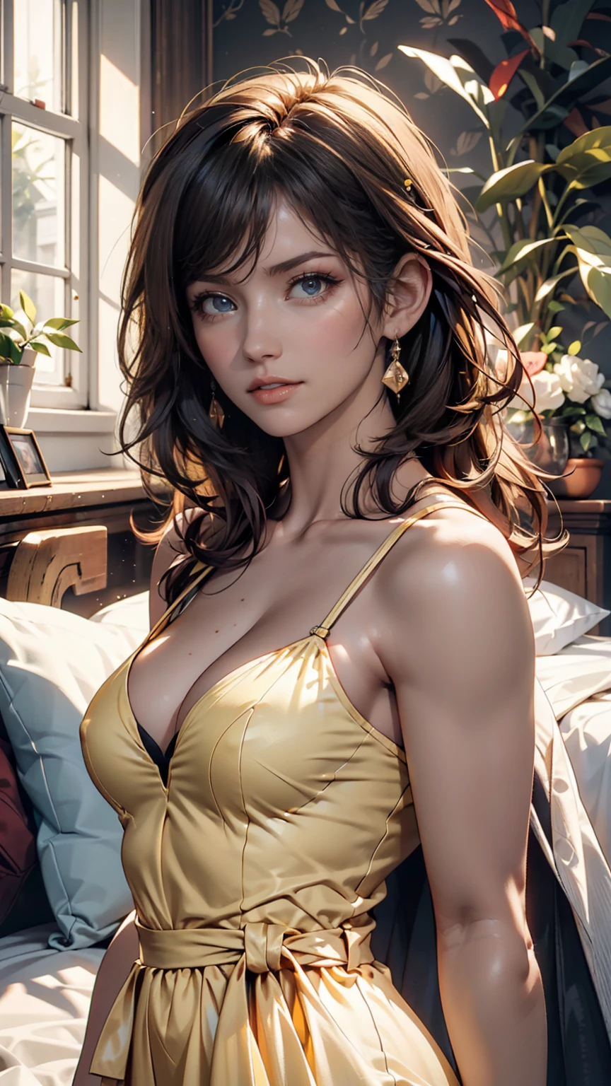 Badashanren squeezes Venezuelan female supermodel, long hair, Pastel yellow gown,  tight,  portrait with a small upper body in a pale yellow dress , big natural breasts, hyperrealism, High definition female bedroom background ,sunlight , 、full body photo