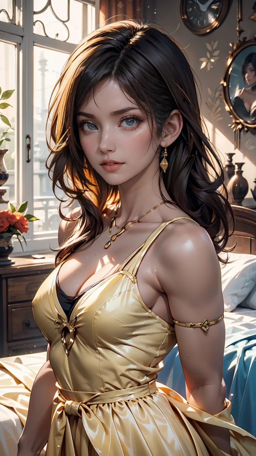 Badashanren squeezes Venezuelan female supermodel, long hair, Pastel yellow gown,  tight,  portrait with a small upper body in a pale yellow dress , big natural breasts, hyperrealism, High definition female bedroom background ,sunlight , 、full body photo