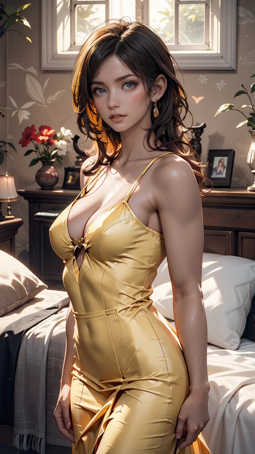Badashanren squeezes Venezuelan female supermodel, long hair, Pastel yellow gown,  tight,  portrait with a small upper body in a pale yellow dress , big natural breasts, hyperrealism, High definition female bedroom background ,sunlight , 、full body photo