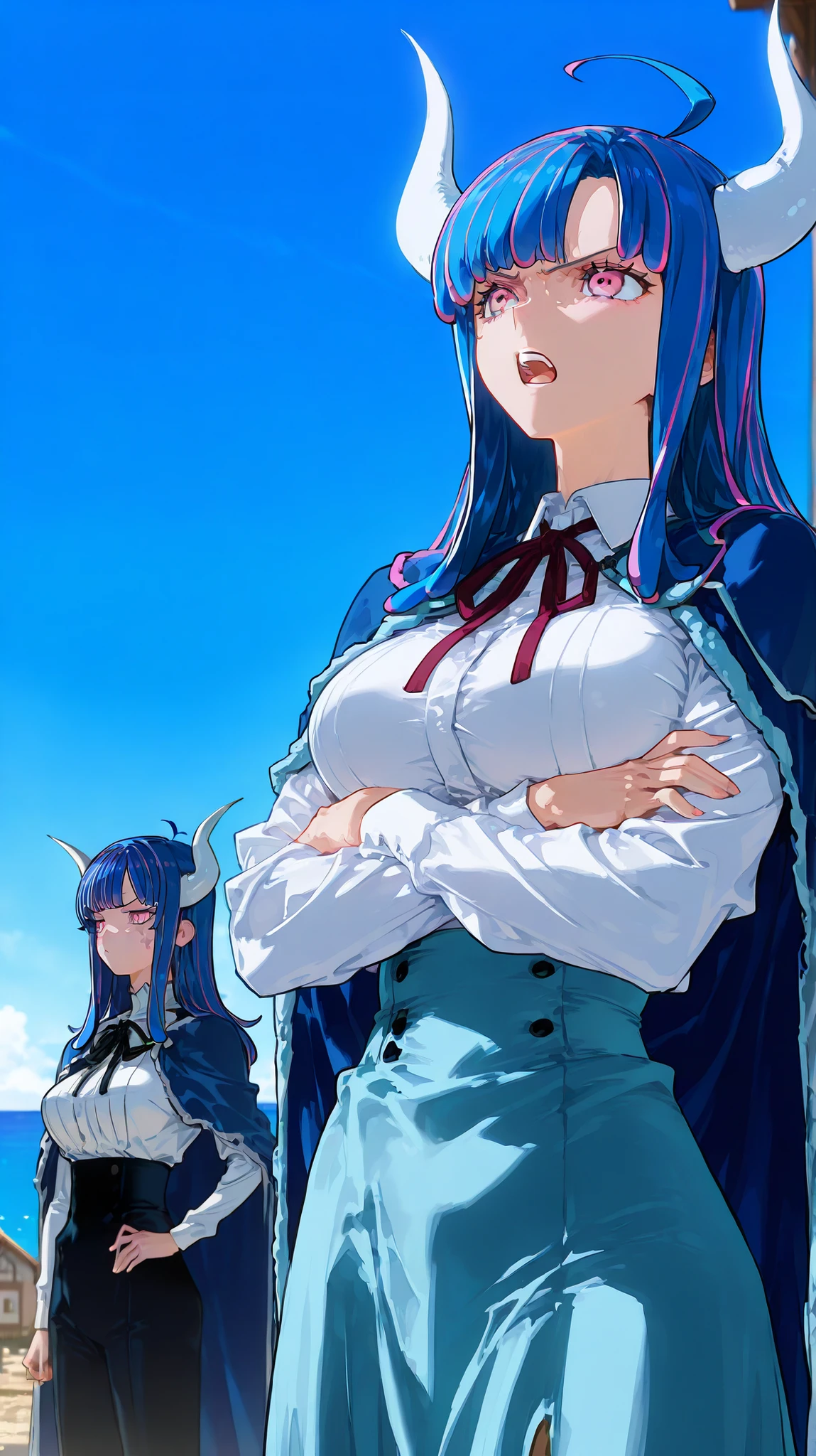 ult1, score_9, score_8_up, score_7_up, score_6_up, source_anime, 1girl, solo ulti, horns, pink eyes, multicolored hair, bangs, ahoge, blue cape, white shirt, long sleeves, neck ribbon, light blue skirt, high-waist skirt, large breasts, crossed arms, open mouth, annoyed, looking at you, village, ocean, blue sky, white horns, blue hair, pink streaks