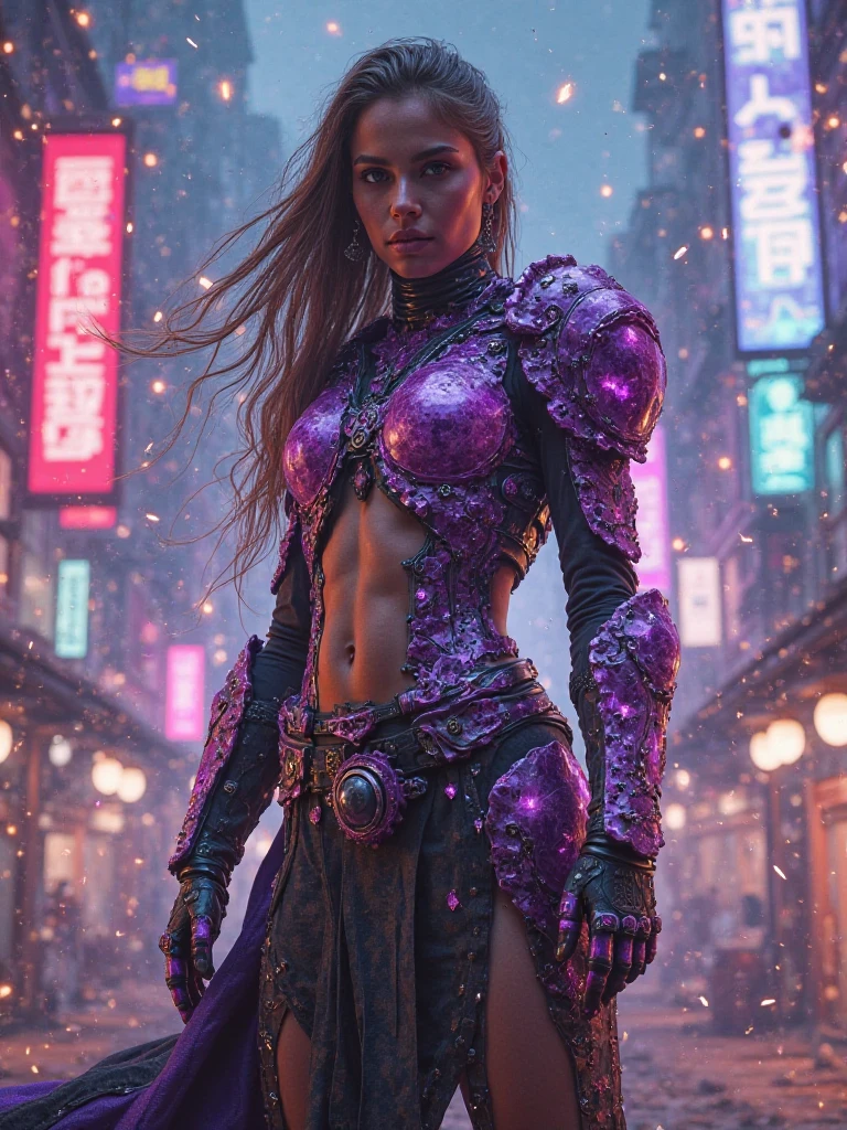 Perfect full body photograph of a beautiful young warrior , armor made of amethyst fragments and glowing circuits, in a dystopian city illuminated by neon, crystals floating around, sparks in the air, expression of fury and freedom,.High resolution, Anatomically correct, Awarded multiple, Obra-prima, Modelo HD, Ultra HD, Long hair, Best Quality, seen from below, 