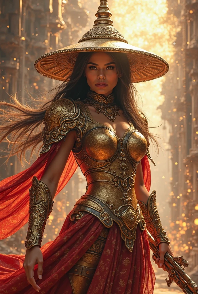 Ultra-realistic photo of a powerful big- fantasy beautiful Thai female full-armored mage with long hair,evil sly smile,wearing highly detailed red and gold Royal-Thai pattern with metallic gold textures and weathered surface armored,  ancient royal-Thai ornament wide brim hat, right hand holding a long gigantic royal Thai pattern-style glowing energy ancient rifle  ,cinematic lighting, sharp focus, shallow depth of field, high dynamic range, soft shadows, realistic materials, photo taken in a studio with fantasy heaven city background, 85mm lens, f/1.4, ISO 100, 8K photo