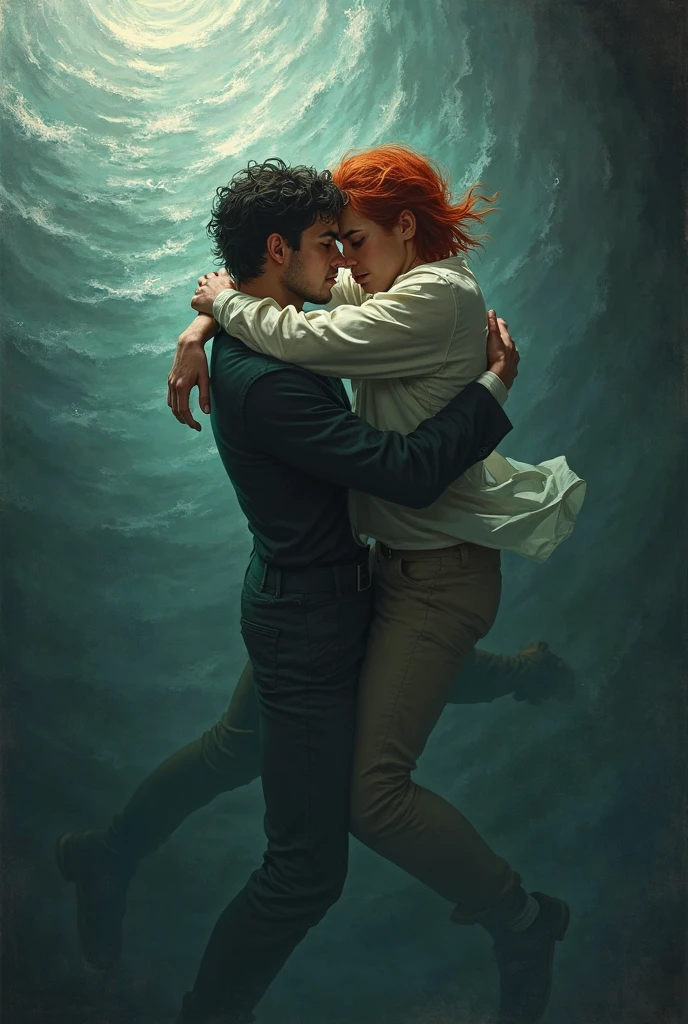 Man with black hair embraces a red-haired man with a sad face falling from an abyss into the water