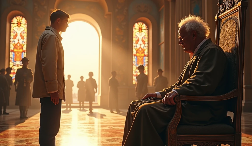 Capture the grand palace hall where the once-mighty The governor has white hair combed to one side and a broad, round face sits slumped on his throne, humbled and reflective. His messy clothes and messy hair, symbolizing his fall from arrogance. Outside the large arched windows, villagers cheer faintly in the distance, their silhouettes blurred against the golden sunset. Guards stand motionless, weapons lowered, as witnesses to the shift in power. The yang man stands at the edge of the frame, his torn young man wearing blue pants and a white long-sleeved shirt contrasting with the opulence of the room. Sunlight streams through stained-glass windows, casting colorful patterns on the marble floor. This image evokes a sense of redemption and humility, marking the beginning of a new era.