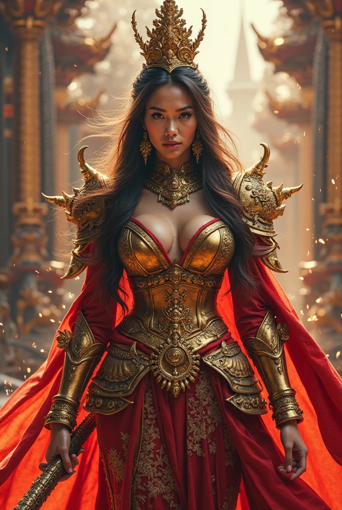 Ultra-realistic photo of a powerful big-breast fantasy beautiful Thai female full-armored mage with long hair,evil sly smile,wearing highly detailed red and gold Royal-Thai pattern with metallic gold textures and weathered surface armored, ** ancient royal-Thai ornament warrior hat**, right hand holding a long gigantic royal Thai pattern-style glowing energy ancient rifle  ,cinematic lighting, sharp focus, shallow depth of field, high dynamic range, soft shadows, realistic materials, photo taken in a studio with fantasy heaven city background, 85mm lens, f/1.4, ISO 100, 8K photo