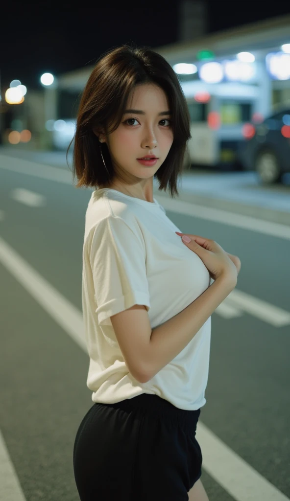 (Solo middle eastern 26 years old girl), wearing a (white baggy plain tee-shirt, round neck long length tee-shirt, skinny dark gray long jeans, :1.5), walking cross legs, seductive smile,short black hair,(full body:1.1), (cyberpunk background:1.2), outdoors,(rain:1.1, wet street) ,(medium breasts,  bouncing breasts, no bra), basic white full length tee-shirt, short sleeves white tee-shirt, regular fit,wristwatch, very beautiful middle eastern girl, ankle fit gray tight jeans, detailed very beautiful feet's, detailed very beautiful fingers, wearing black long heel's, fashion shoot, full size image.
good hand,4k, high-res, masterpiece, best quality, head:1.3,((Hasselblad photography)), finely detailed skin, sharp focus, (cinematic lighting), collarbone, night, soft lighting, dynamic angle, [:(detailed face:1.2):0.2],(((1920s city background))), outside,