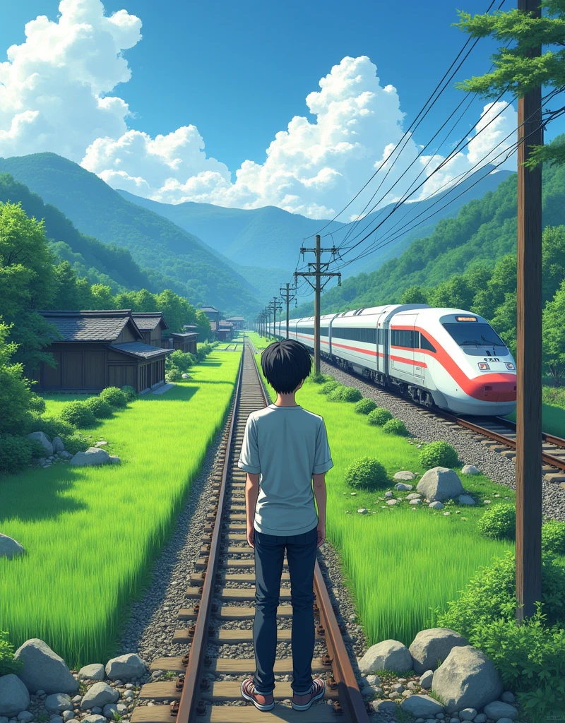 Make a real landscape photo of a ricefield village next to the railroad tracks and also a bullet train in a passing behind of a young japanese man, looking at camera, he is standing on the other side of the railroads, real photo, real japanese people, real graphics, 32K HDR, photo taken from close range facing the front, location station union in japan