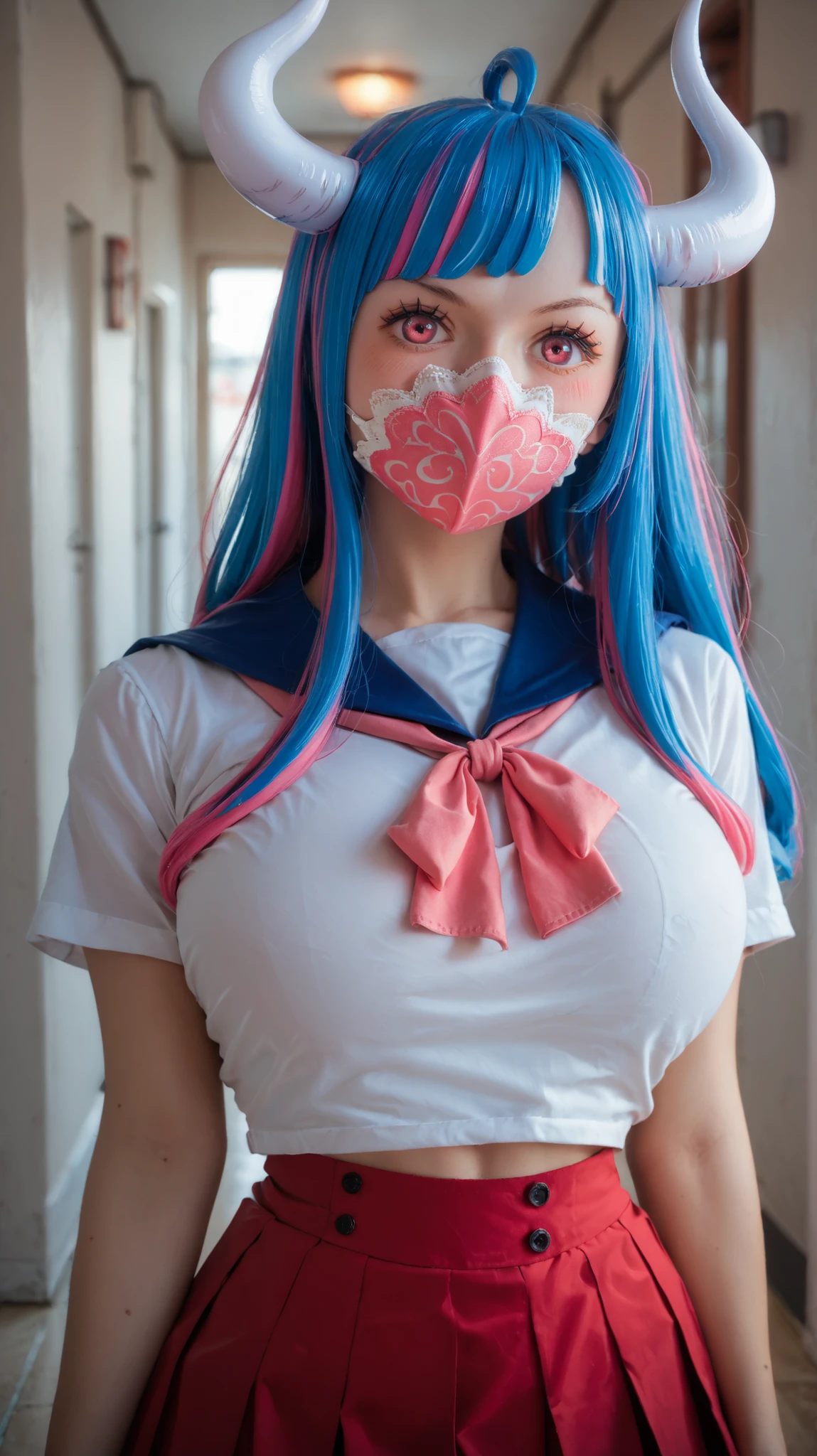 ult1, score_9, score_8_up, score_7_up, score_6_up, source_anime, 1girl, solo  ulti, horns, pink eyes, long hair, multicolored hair, bangs, ahoge, mouth mask, white t-shirt, large breasts, sailor collar, red neckerchief, pleated skirt, red skirt, hallway, looking at you, blush, white horns, blue hair, pink streaks