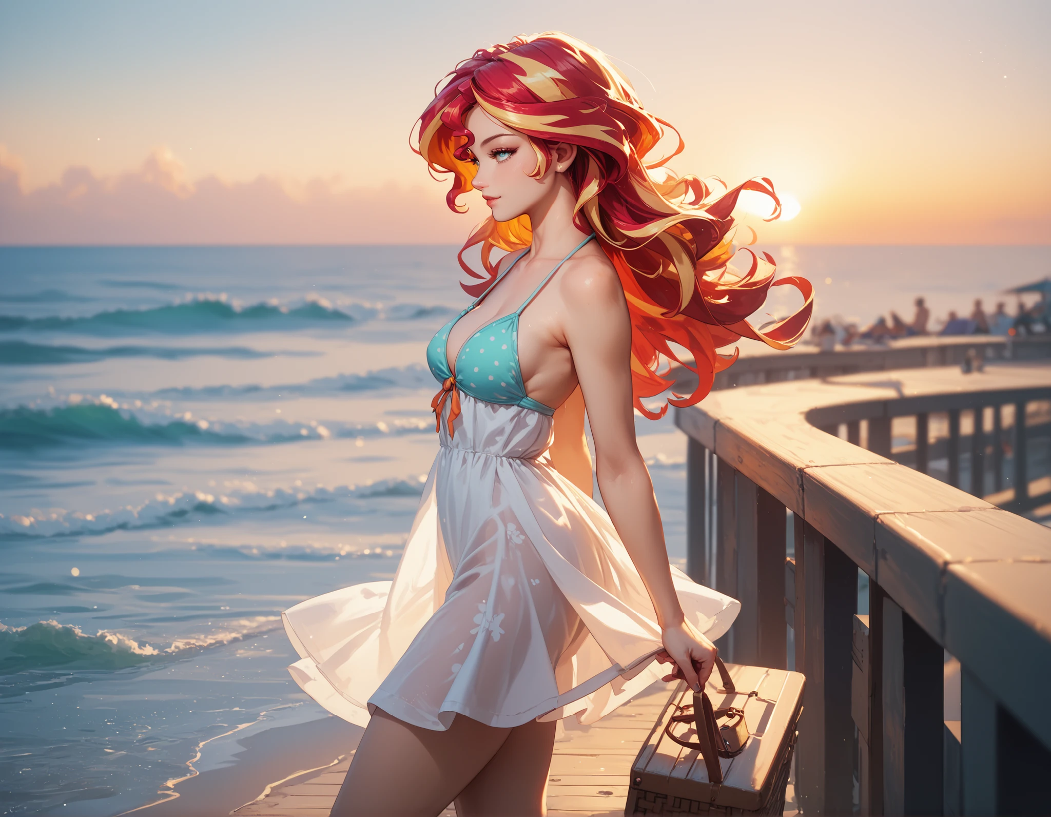 Sunset shimmer, perfect anatomy, firm round breasts, wearing a loose sundress, bikini top, bedroom eyes, on a boardwalk at the beach, from side, very detailed, masterpiece