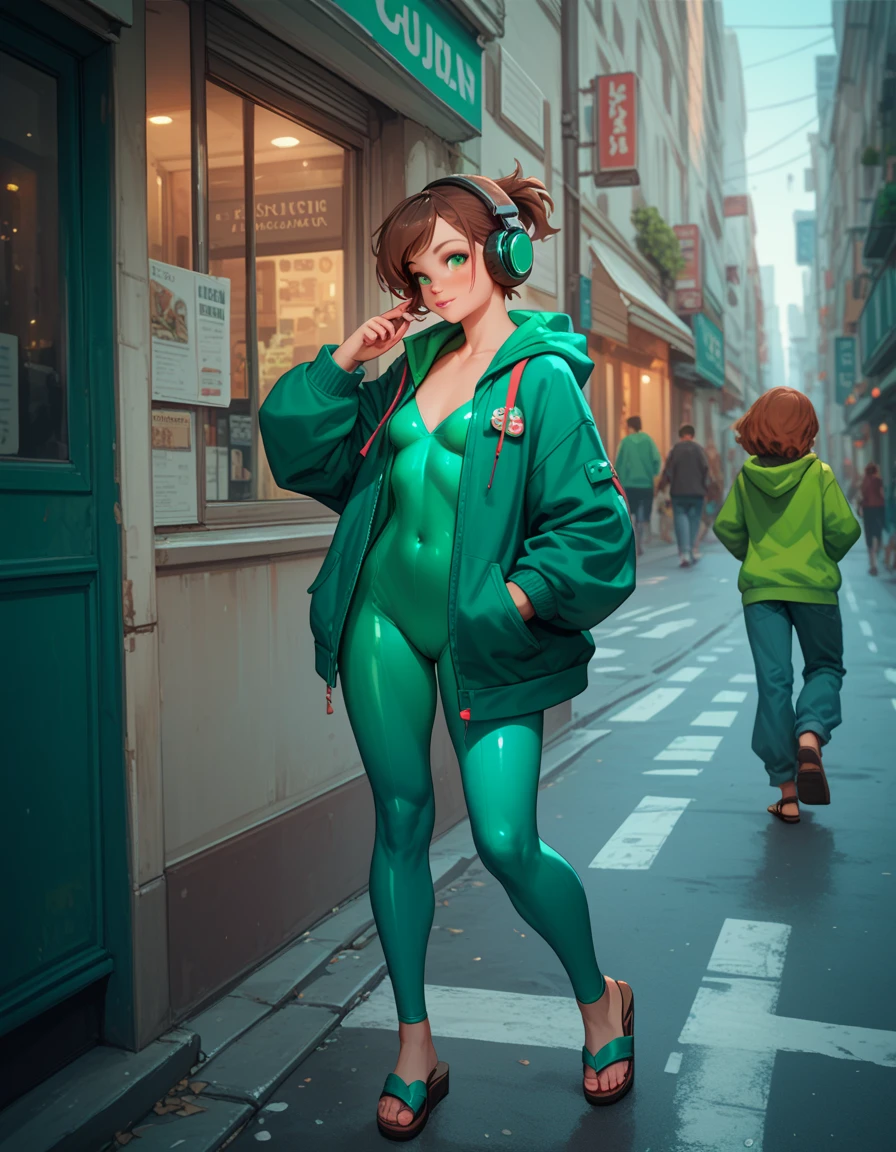 girl, short brown hair, short ponytail, vivid green eyes, wearing a ((skin colored bodysuit)), open hoodie, ((green hoodie)), small breasts, perfect anatomy, striding confidently down a city street, very detailed, wearing headphones, sandals