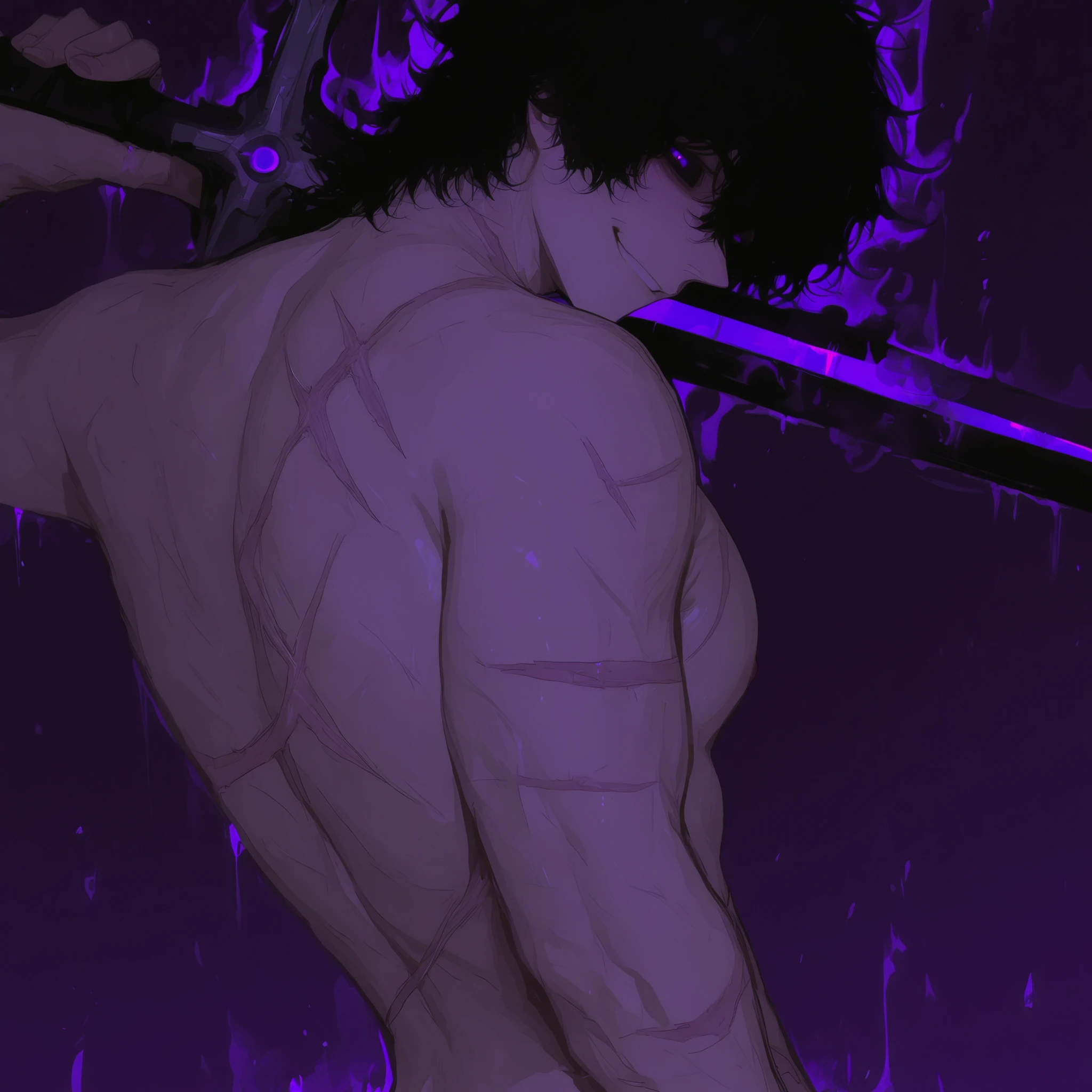masterpiece, best quality, amazing quality, 1boy, solo, portrait, (large_pectoral), v-taper, ((toned, toned_male)), (scars), purple_eyes, black_sclera, black_hair, short_hair, messy_hair, closed_mouth, smile, ((from_behind)), looking_over_shoulder, standing, bare_back, usnr, 7481llu, close_up, sword_over_shoulder, black, aura, purple_background, bioluminescene
