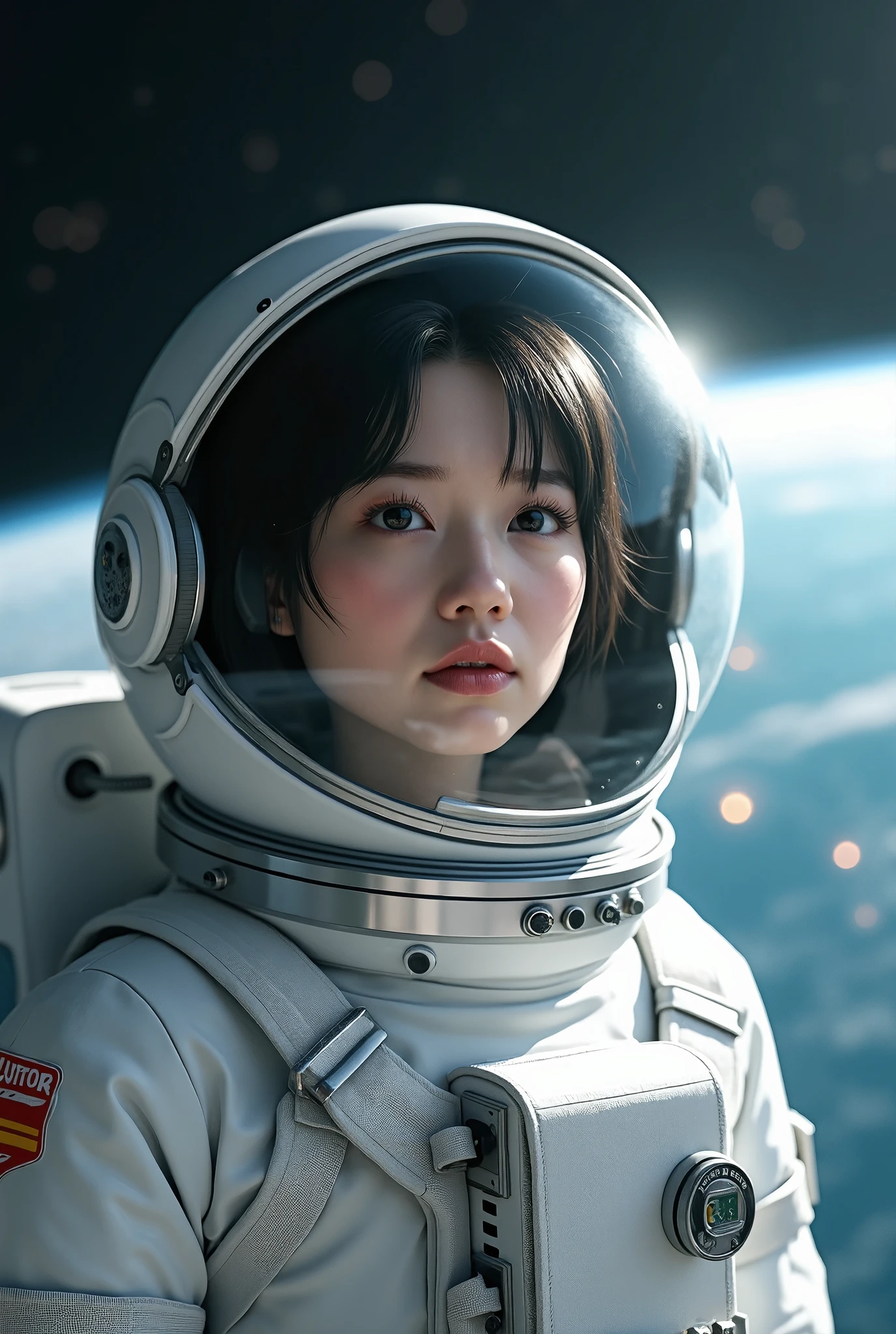 a female cosmonaut taking in very short hair beautiful space. She has a white spacesuit, and white gloves, and her head is inside a helmet, masterpiece, best quality, highly detailed face, perfect lighting,