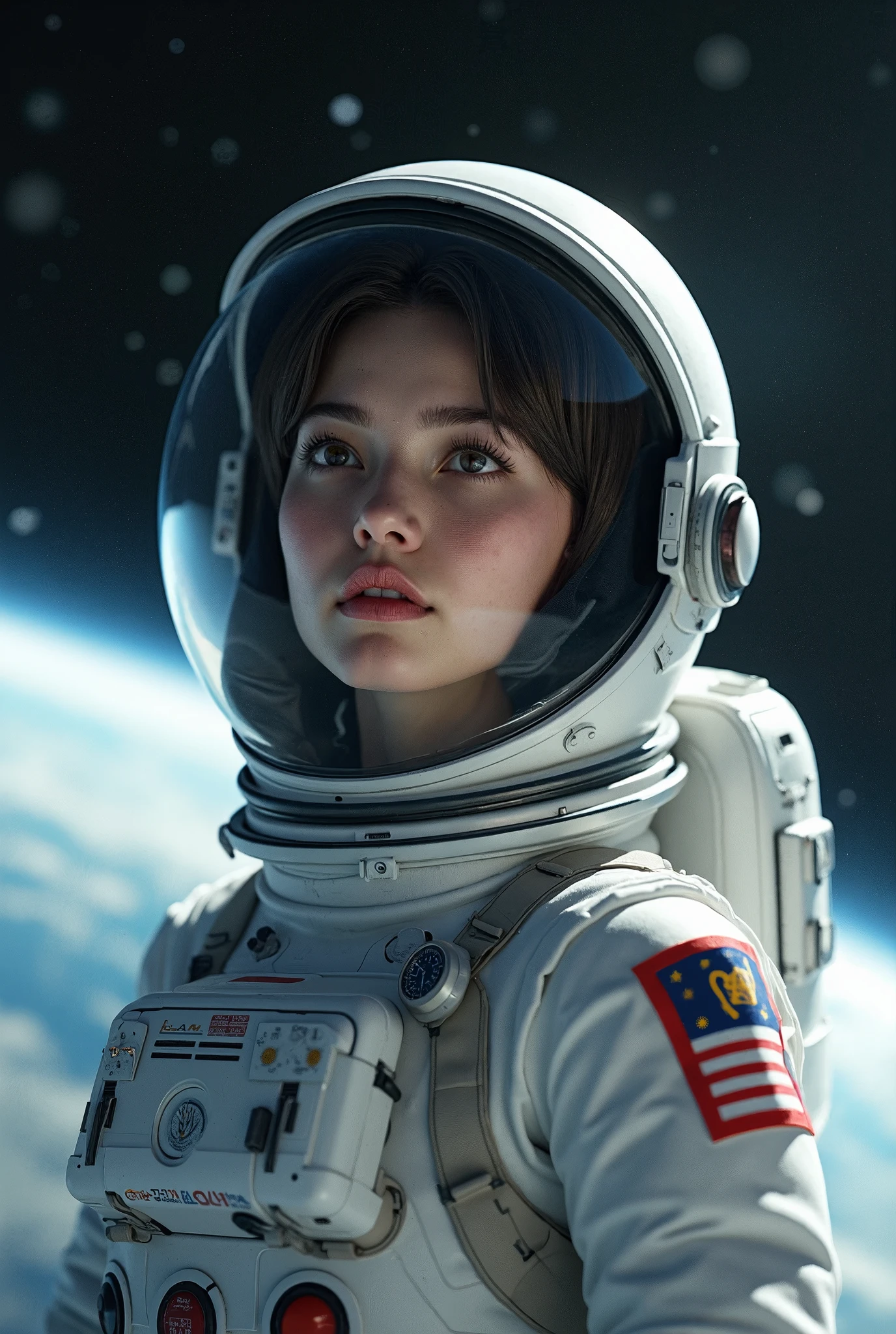 
a female cosmonaut taking in very short hair beautiful space. She has a white spacesuit, and white gloves, and her head is inside a transparent helmet, masterpiece, best quality, highly detailed face, perfect lighting,