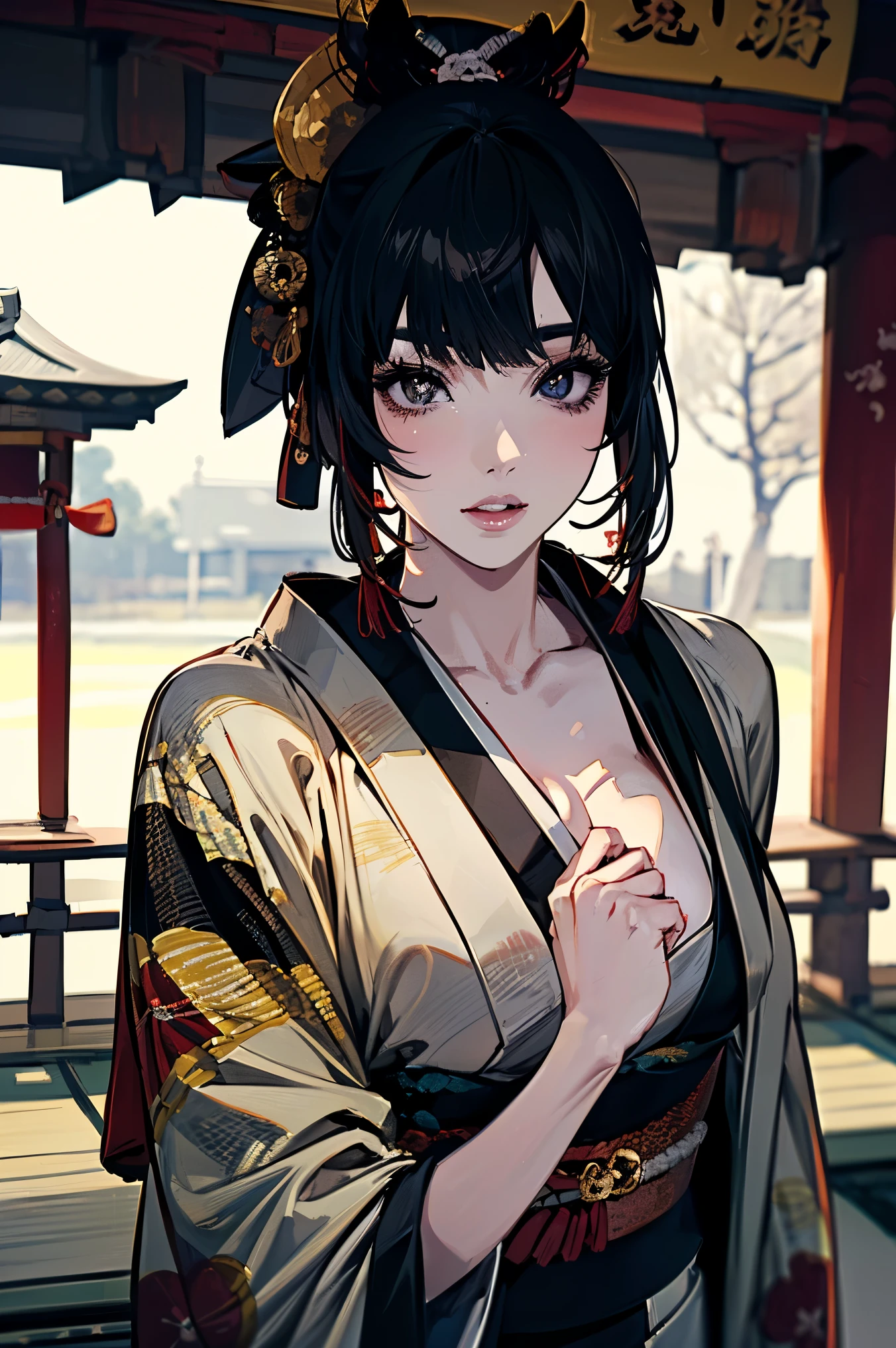 (masterpiece:1.5),beautiful hair,Beautiful Eyes,beautiful lips,Beautiful slender body,Big Breasts,cleavage,(Konno Anna:1.2),(Riho Yoshioka:1.1),(in the Imperial Court:1.3),(Riverside:1.4),bust illustration from the front ,((((the most beautiful woman in the world:1.7)))),(((( kimono,jacket,Taisho Romance:1.5)))),((19-year-old single woman holding a fish in her hand:1.1)),(accurately depicted anatomically correct hands:1.1)black hair,long lashes,Three-dimensional, jewel-like eyes,Very delicate and beautiful CG,2. 5D illustration, Anatomically Accurate Body, (very precise illustration:1.1),(Outdoors:1.4), (wallpaper:1.4),8k