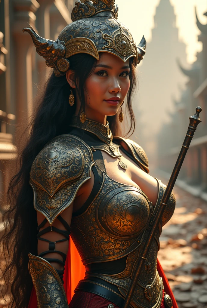 Ultra-realistic photo of a powerful big-breast fantasy beautiful Thai female full-armored warrior with long hair,evil sly smile,wearing highly detailed steampunk Royal-Thai pattern with metallic gold textures and weathered surface armored, ** ancient royal-Thai ornament warrior hat**, right hand holding a long gigantic royal Thai pattern-style glowing energy ancient rifle gun  ,cinematic lighting, sharp focus, shallow depth of field, high dynamic range, soft shadows, realistic materials, photo taken in a studio with fantasy heaven city background, 85mm lens, f/1.4, ISO 100, 8K photo